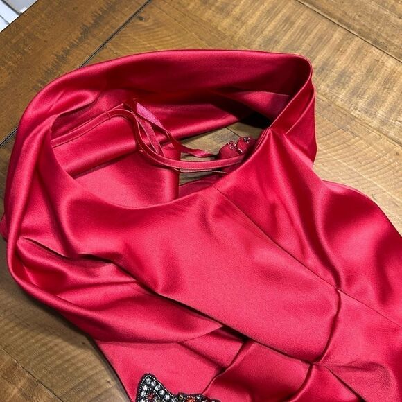 ELIZA J Red Satin One Shoulder Beaded Cocktail Dress - Picture 8 of 13